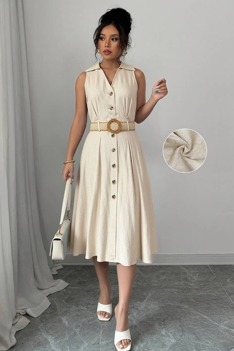 CWDMD6355_LINEN TEXTURE V-NECK SLEEVELESS BUTTON-UP DRESS