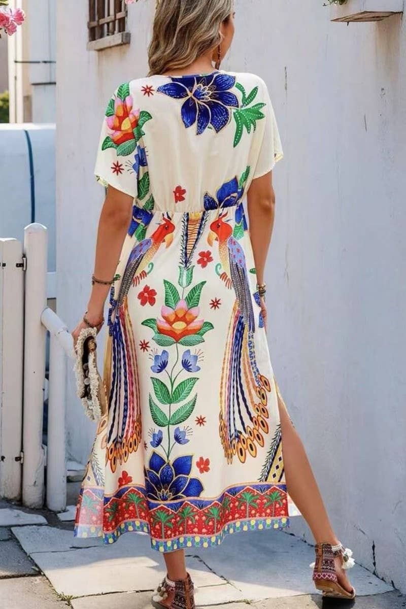 CWDMD5850_V-NECK FLORAL LOOSE FIT MAXI T-SHIRT DRESS