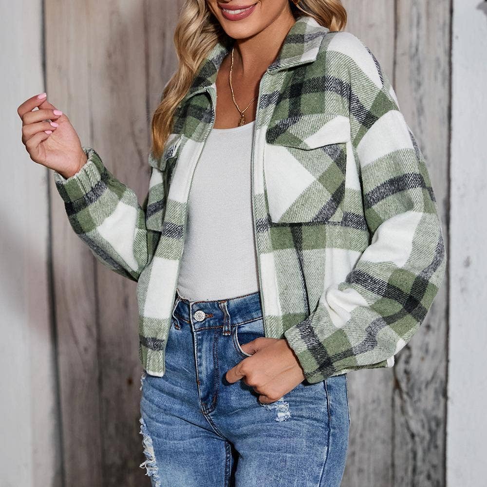 Printed Plaid Jacket With Zipper Pocket