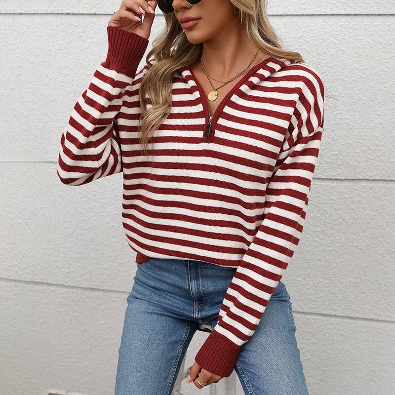 STRIPED V-NECK KNIT CHRISTMAS HOODED SWEATER
