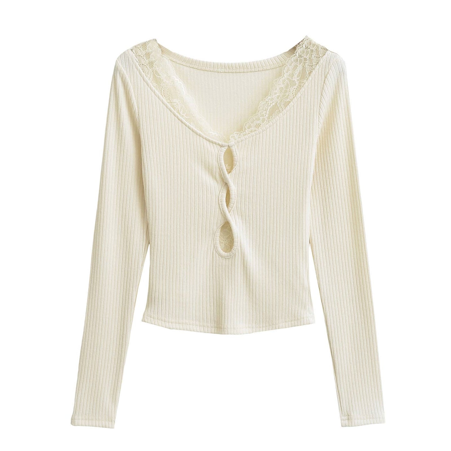 V-neck lace patchwork cutout long-sleeved Top