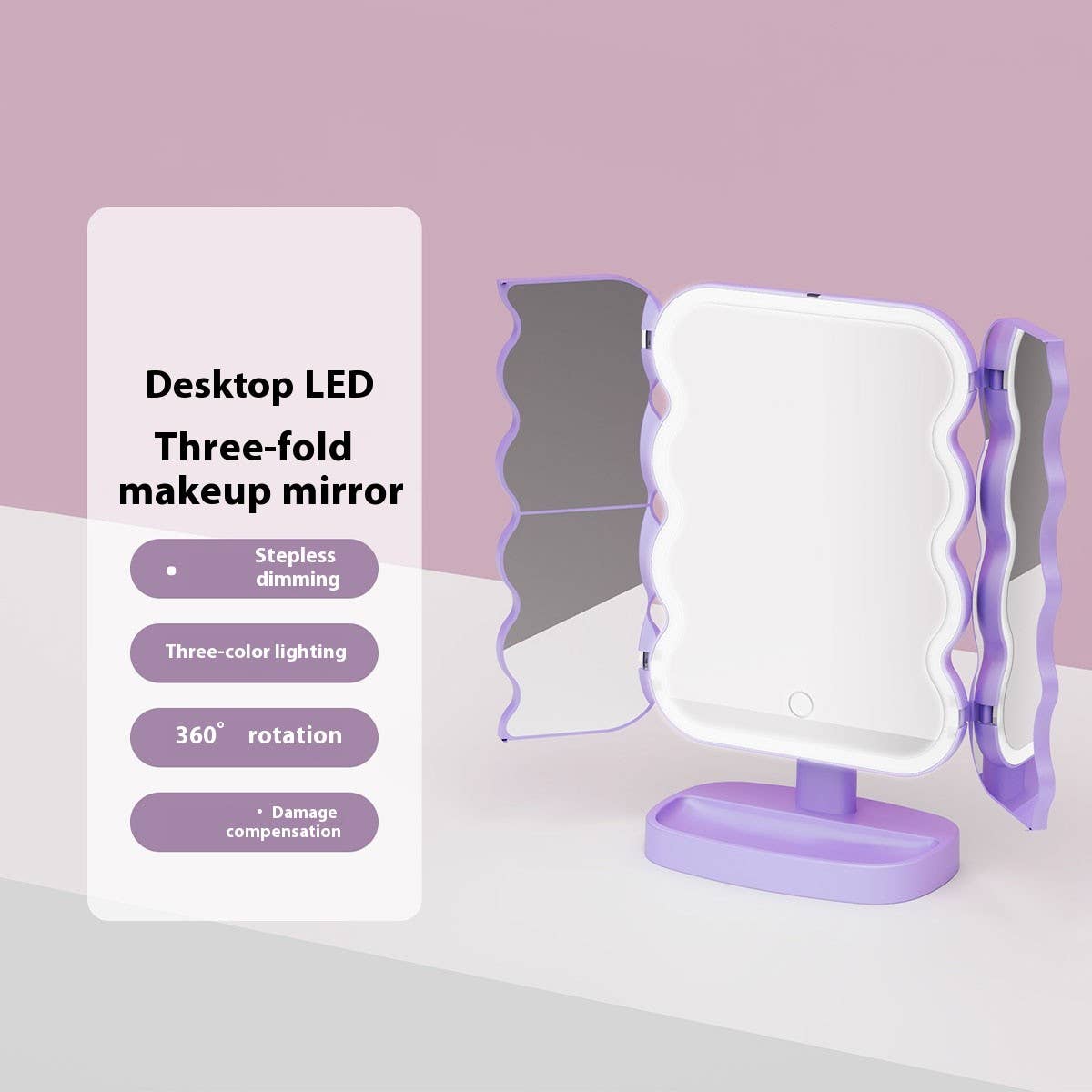 THREE-WAY LED MAKEUP MIRROR WITH WAVE SHAPE