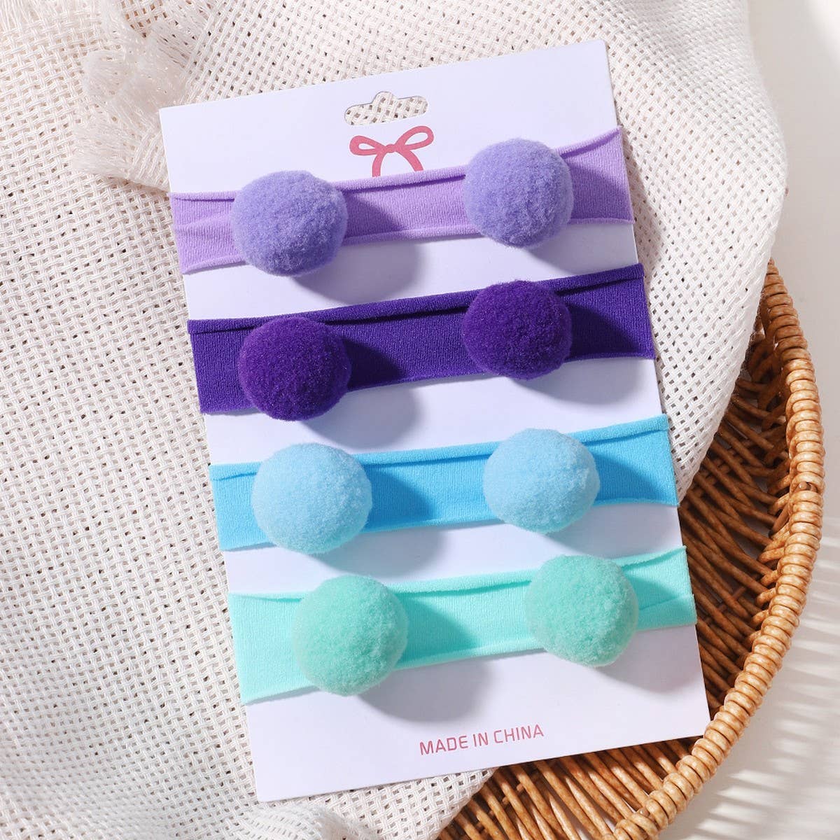 Kids Pom Pom Elastic Nylon Headband Set