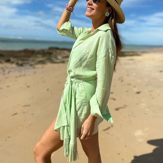 LAPEL HOLIDAY COTTON AND LINEN DRESS