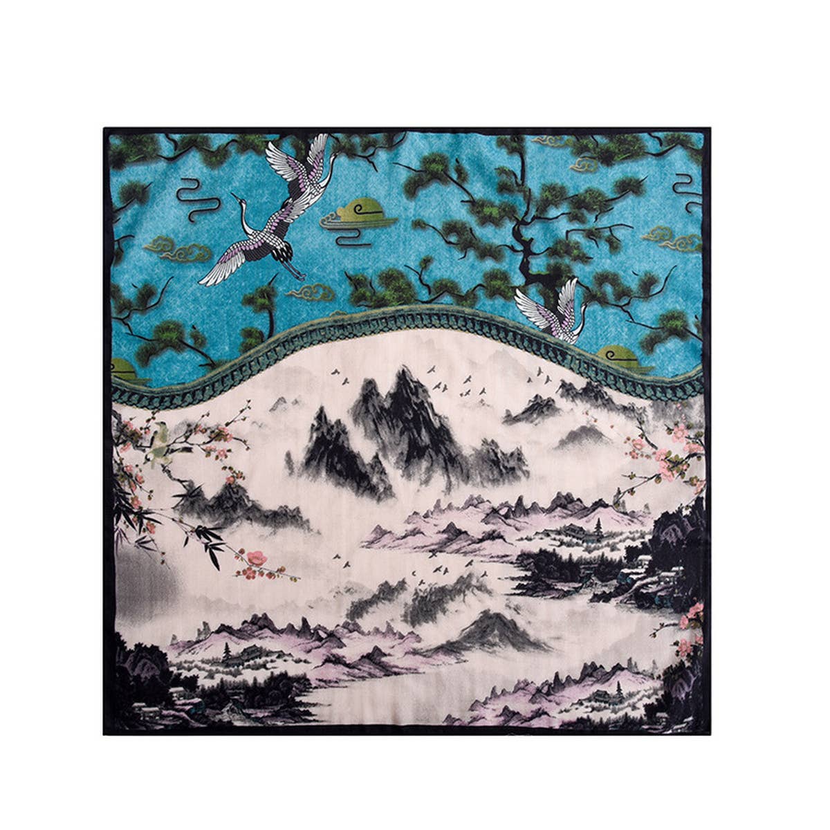 CWASC2400_COLORBLOCK LANDSCAPE RETRO ARTISTIC SILK SCARF