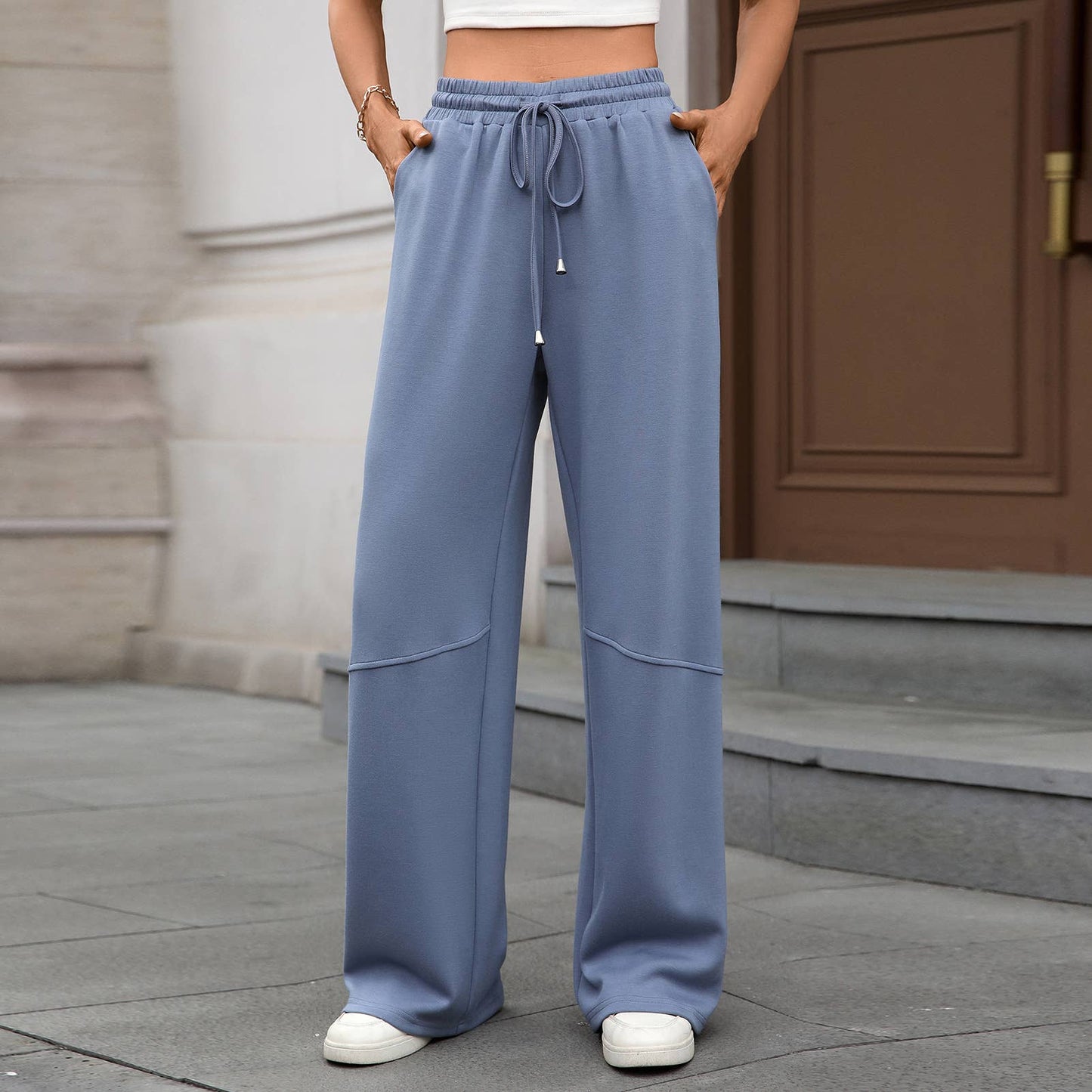 Stretch waist drawstring pocket wide leg pants