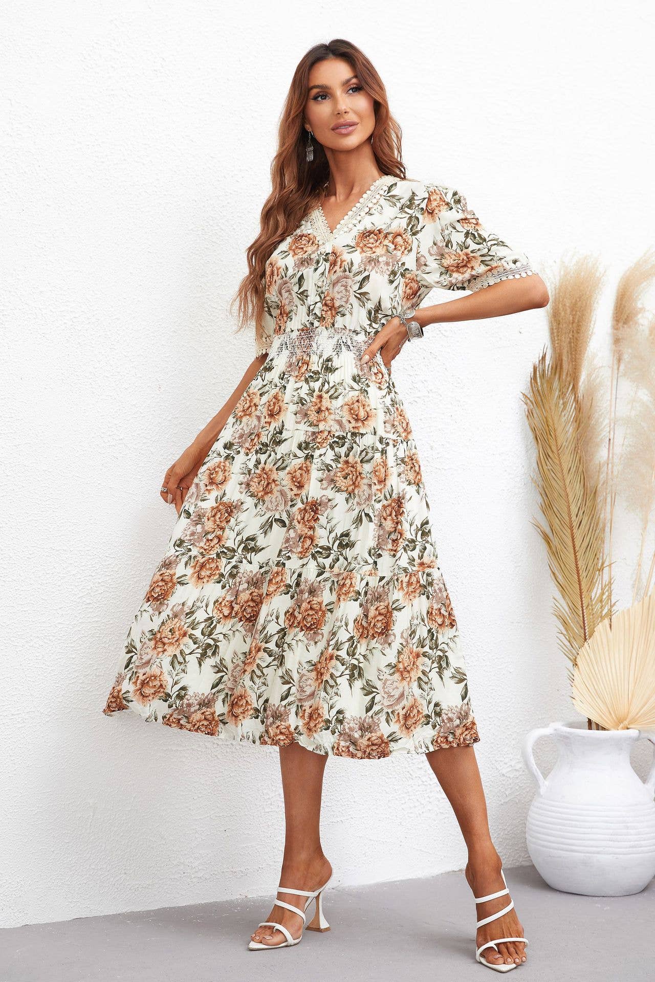 V-NECK FASHION PRINT LONG DRESS
