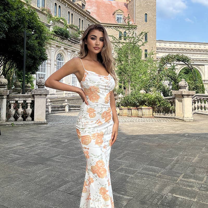 Printed strappy slimming dress cover the buttocks