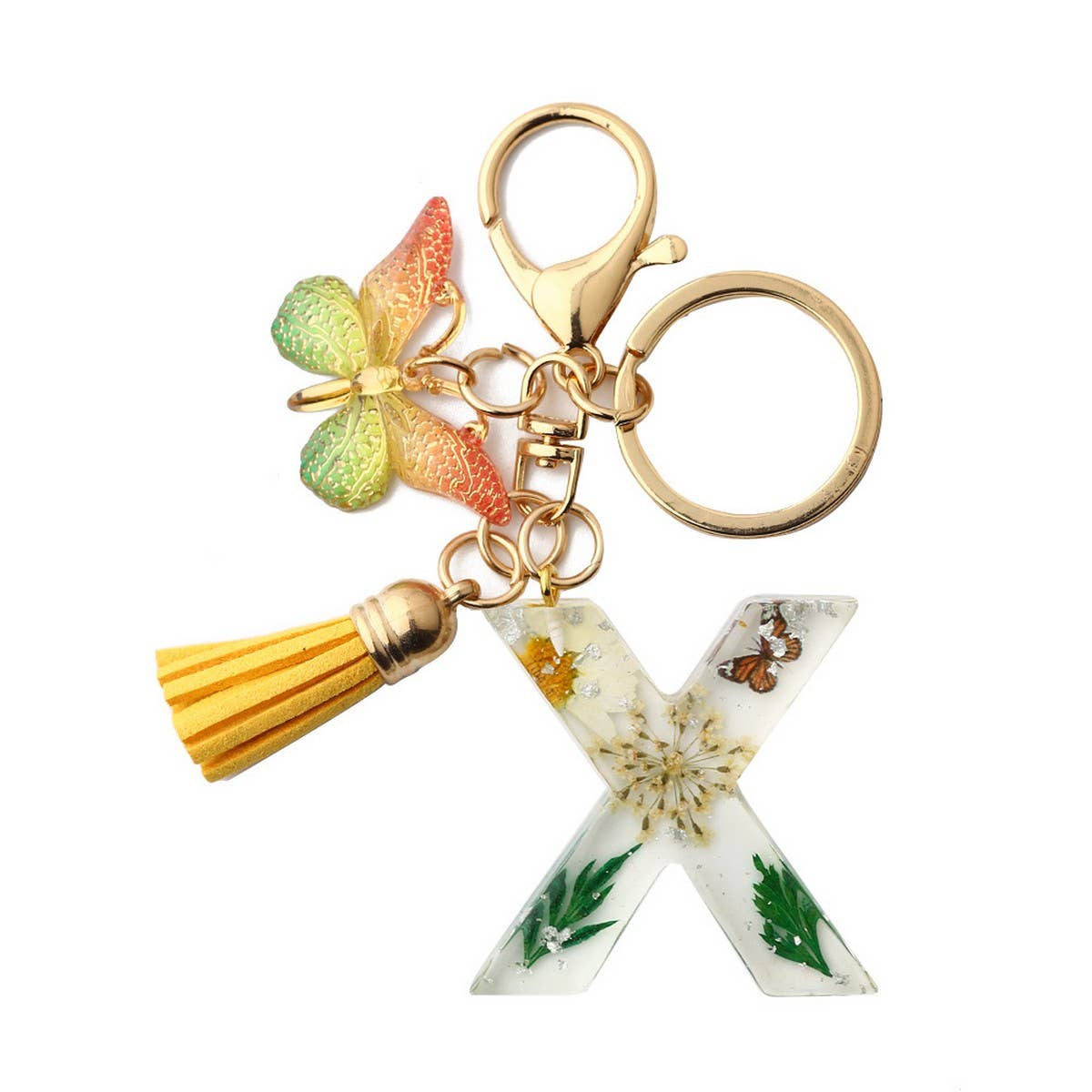 Flower Letter Keychain with Yellow Butterfly Charm_CWAB5090