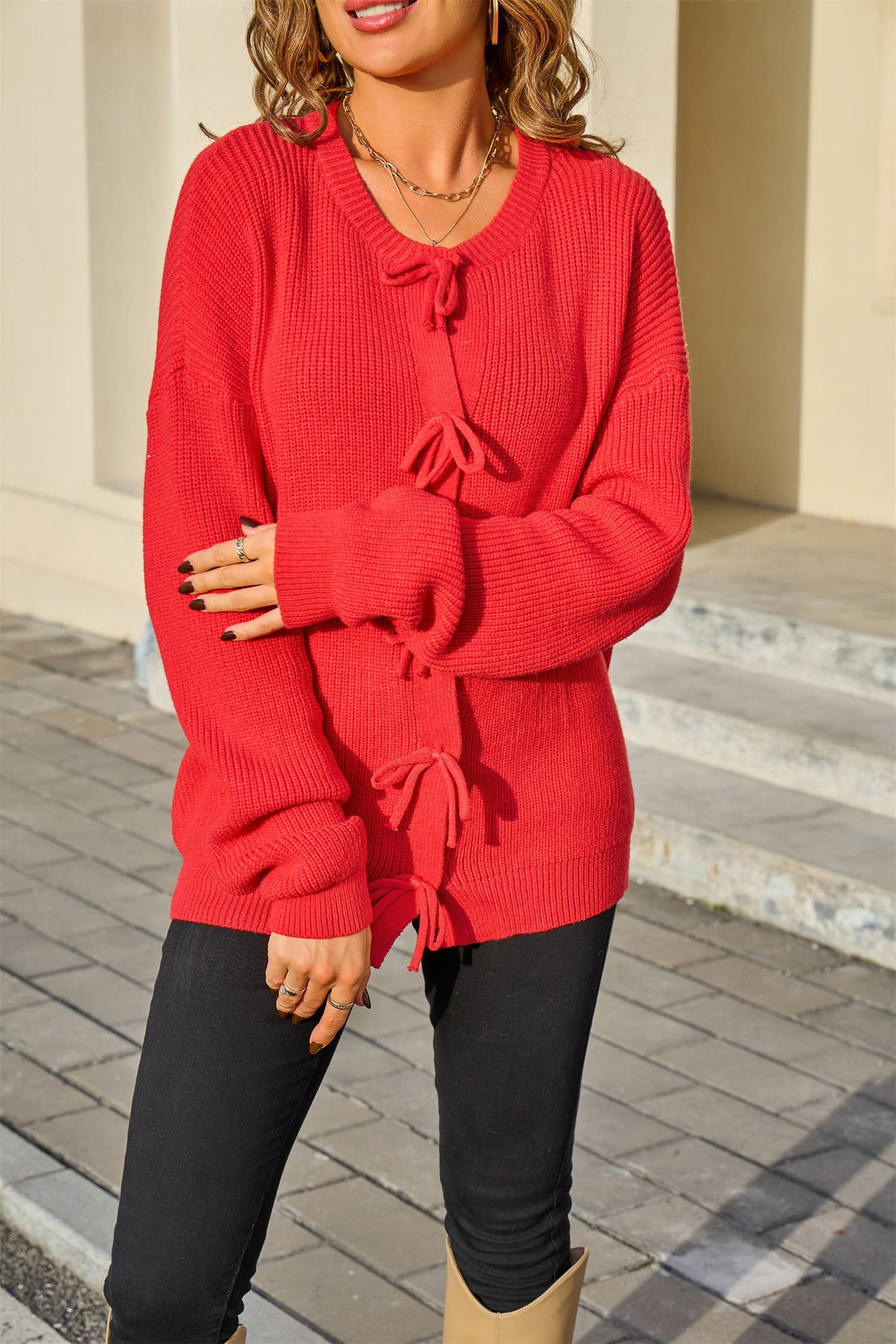 Round-neck solid-color knitted Cardigan