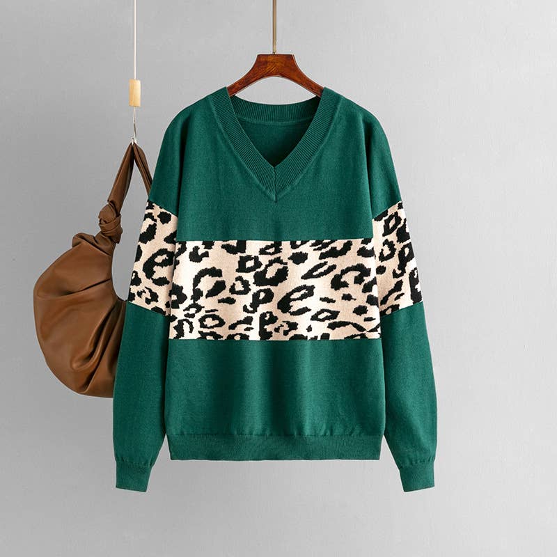 V-NECK LOOSE COLOR LEOPARD-PRINT SWEATER WOMAN