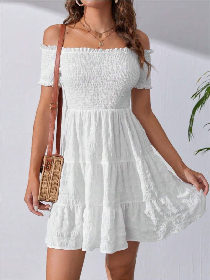 Ruffled off-the-shoulder cable-tied dress