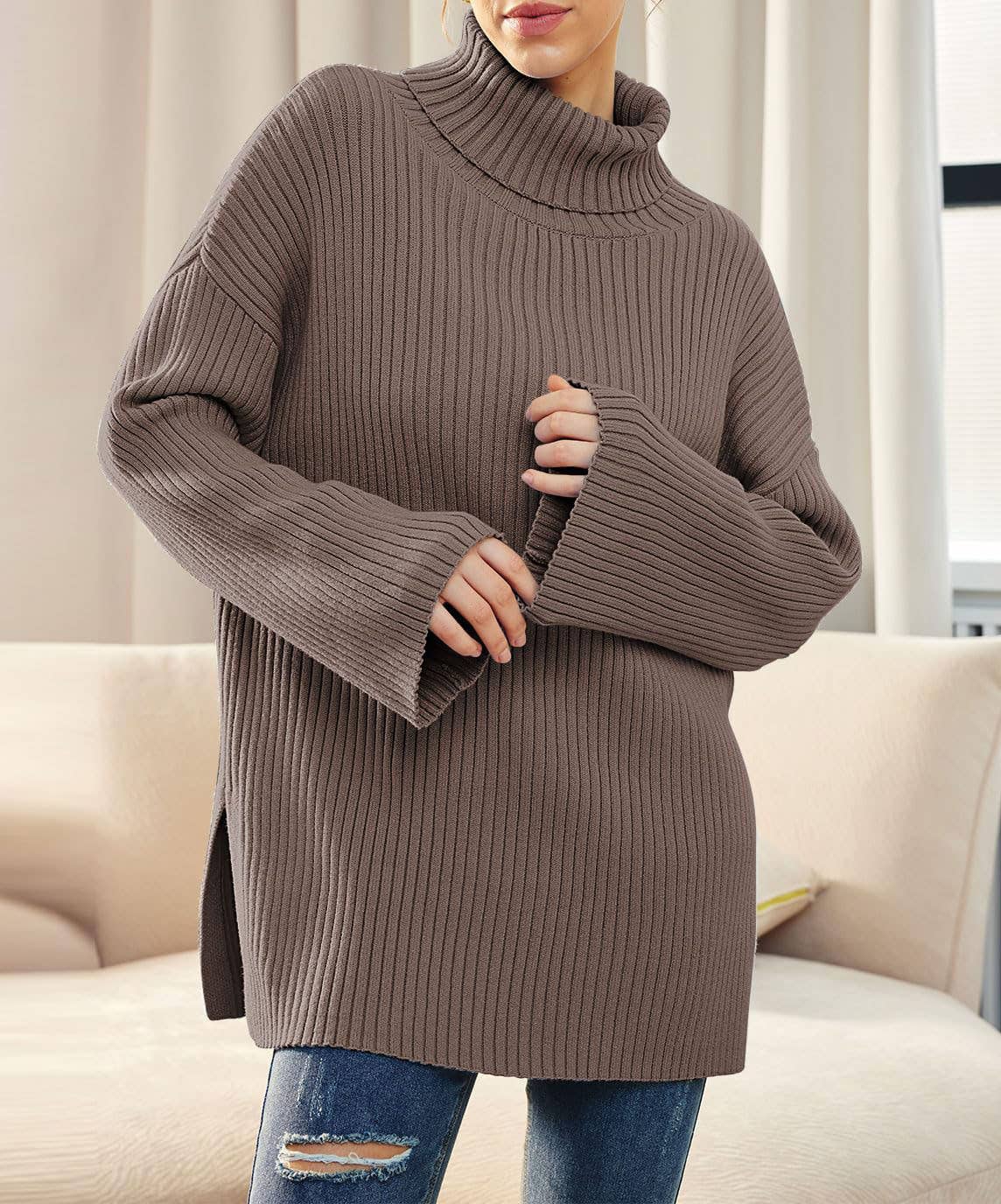 SPLIT TURTLENECK SOLID COLOR RIB KNIT SWEATER