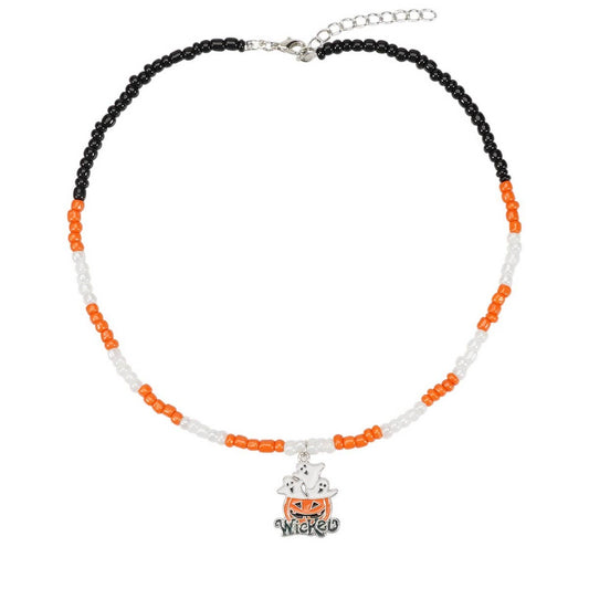 CWAJE05680_HALLOWEEN GHOST PUMPKIN BEADED PENDANT NECKLACE
