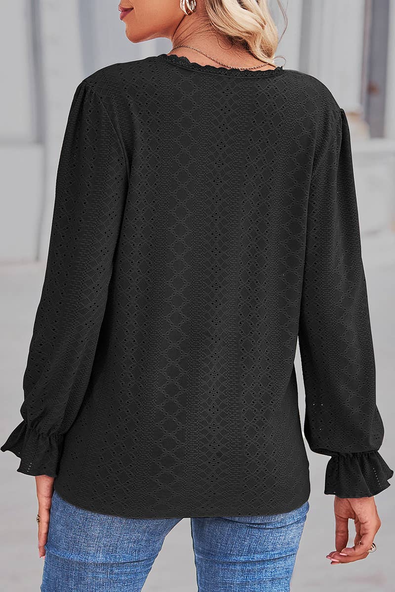 WOMEN LACE TRIM NECK EYELET LONG SLEEVE SHIRT TOP_CWTSTL0301