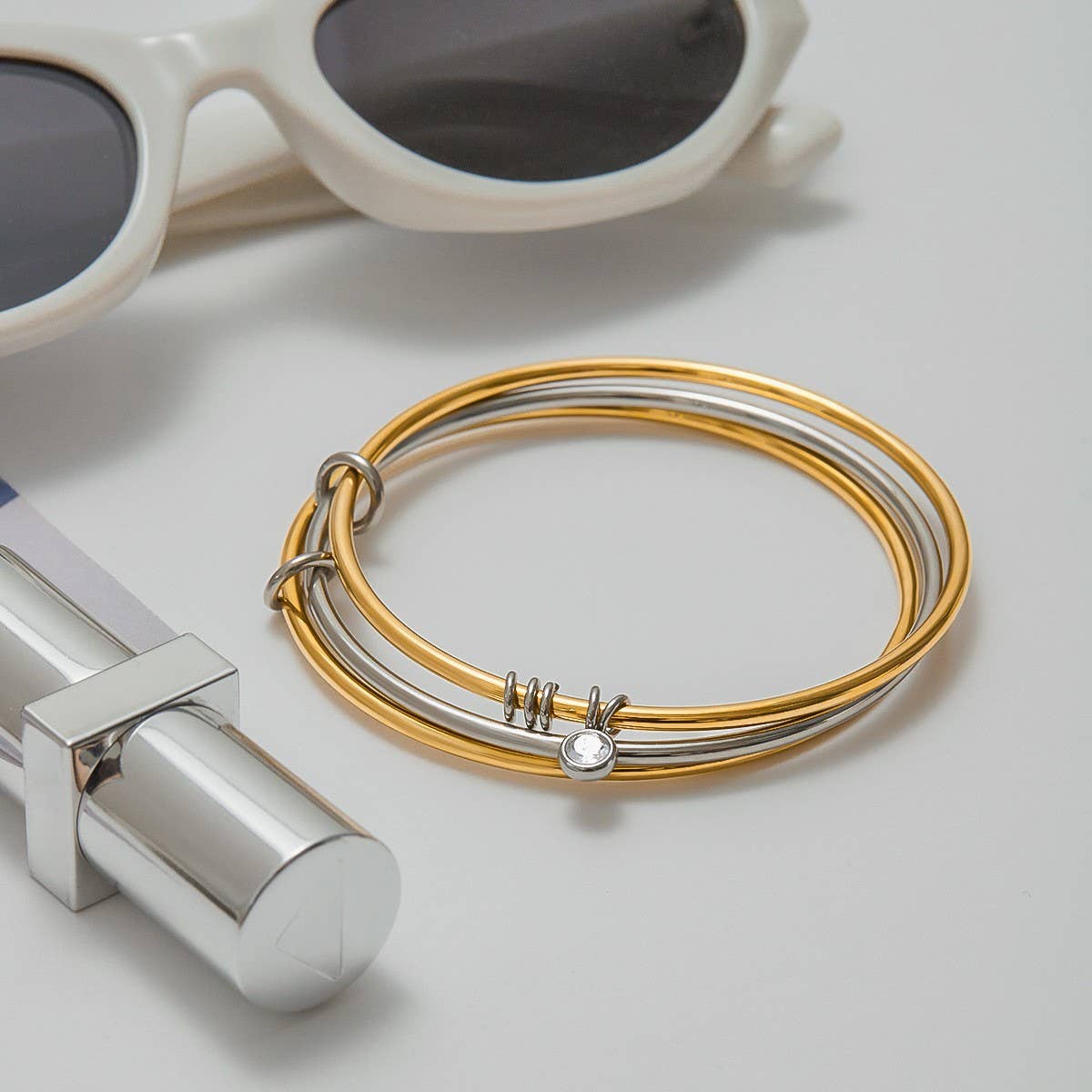 Classic 18K Gold Silver Zircon Bangle, Size 60