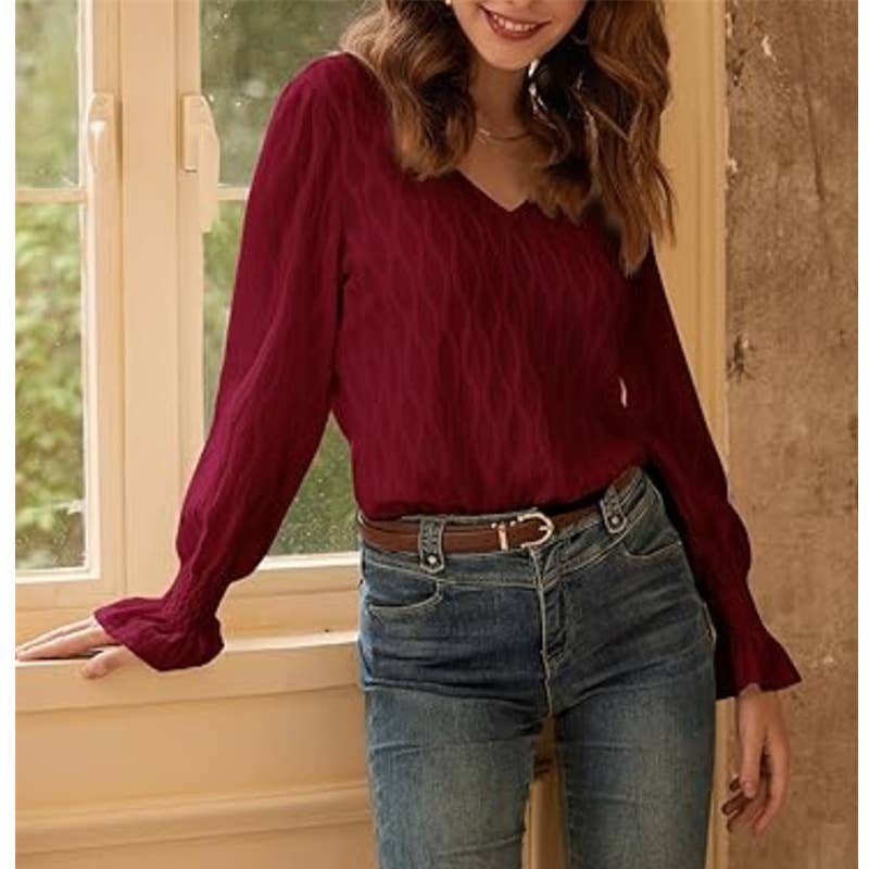 Fashion solid-color V-neck long-sleeved T-shirt