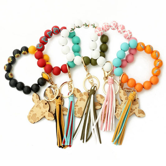 Cow Head Keychain with Tassel and Wood Beads_CWAB5093