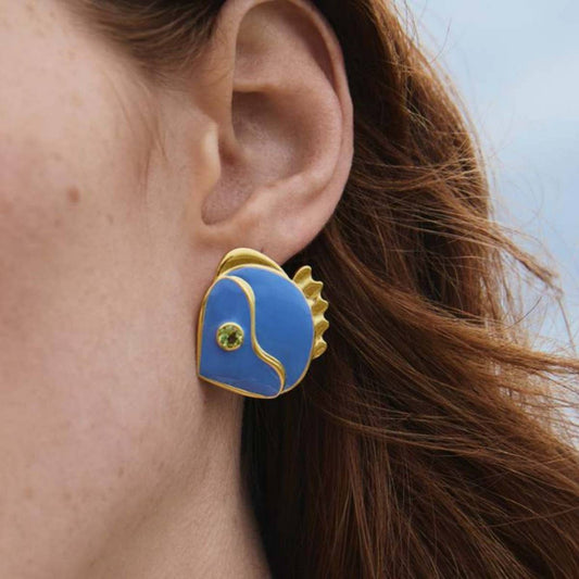 Vintage Blue Fish Stud Earrings Gold Plated