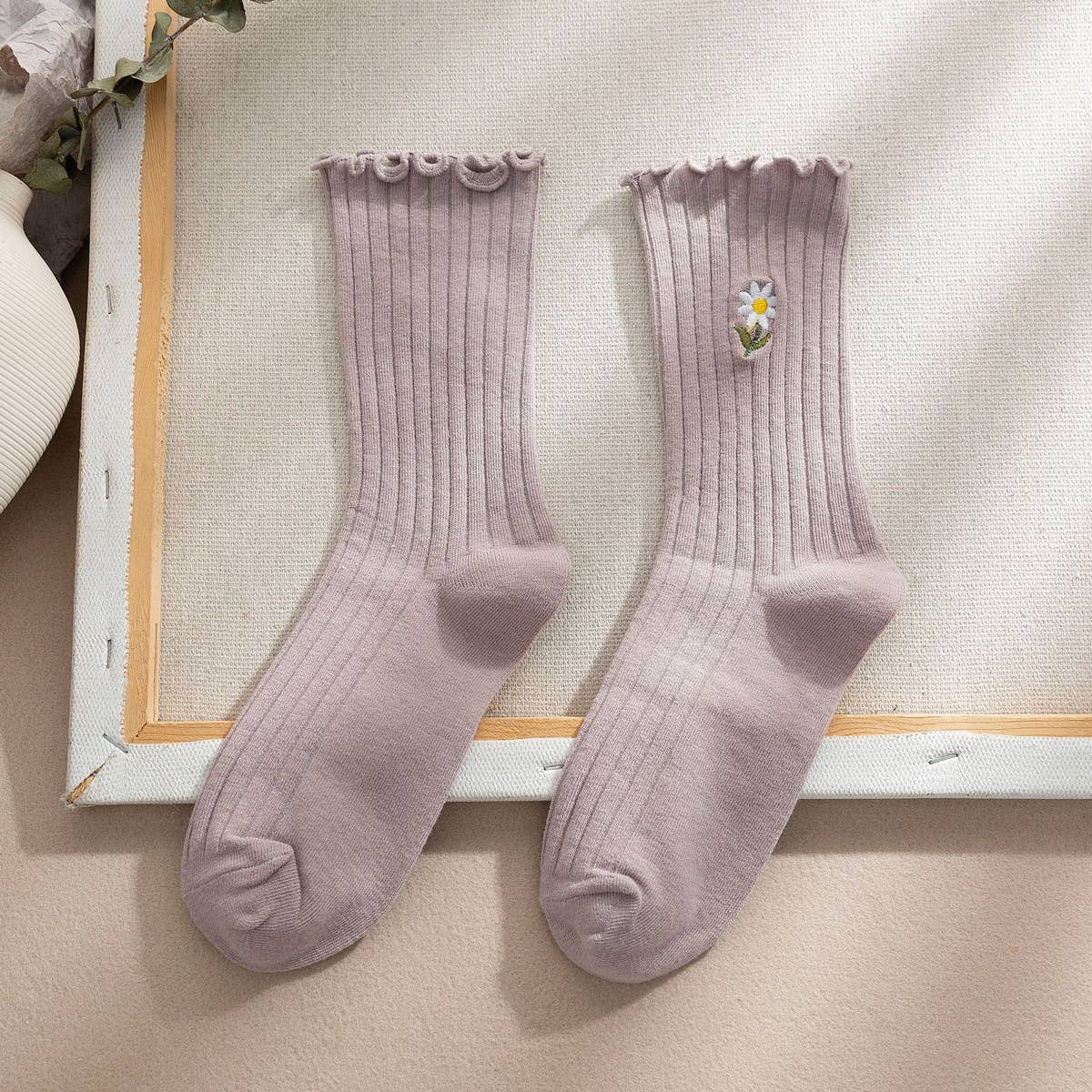 Flower Embroidery Crew Ruffle Socks Women