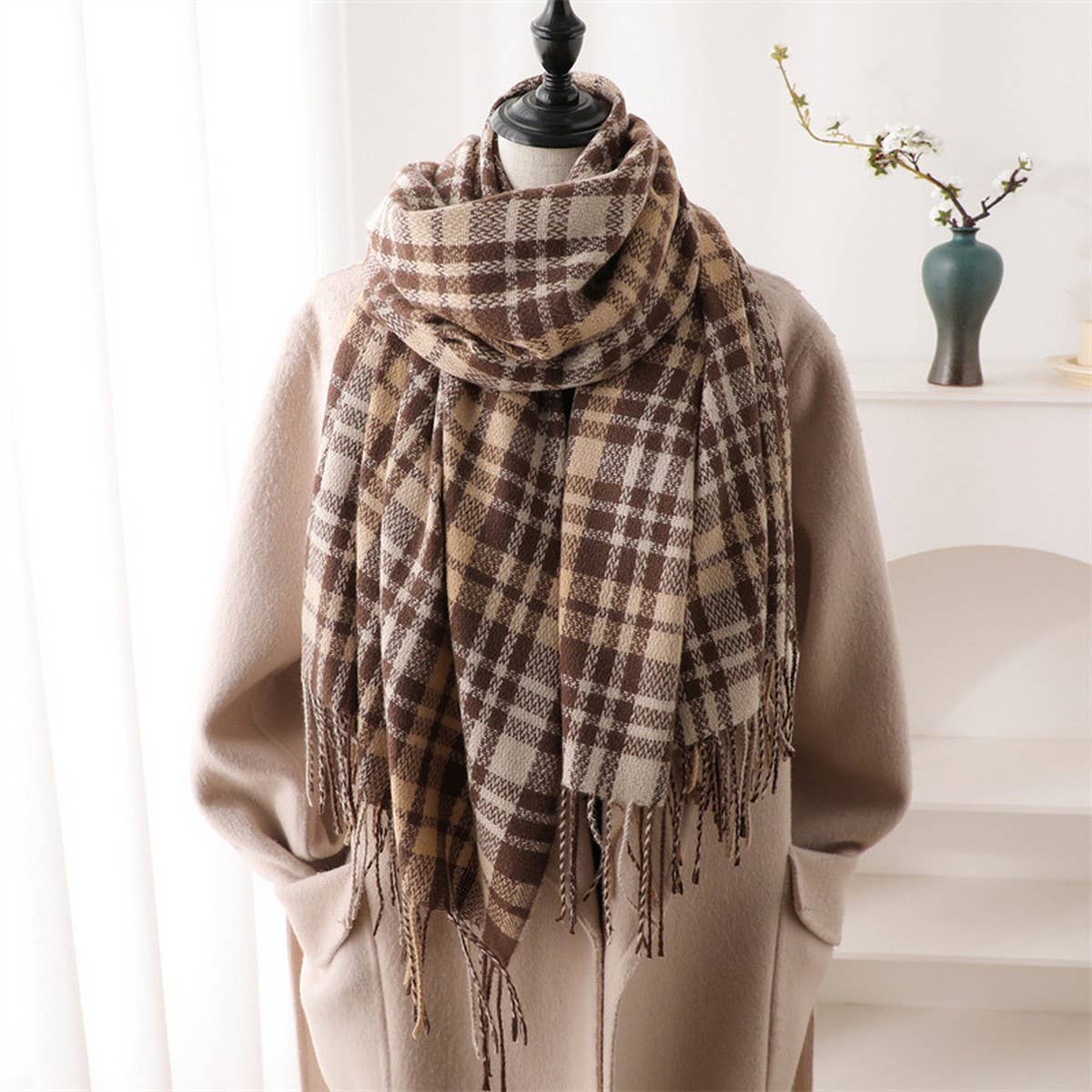 Plaid Cashmere-Like Scarf with Fringe for Winter_CWASC1443