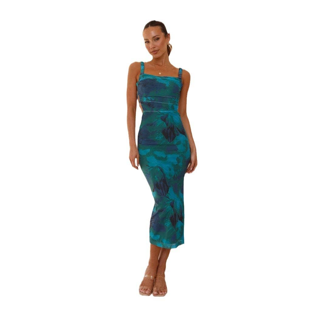 Sleeveless halter, backless print split dress