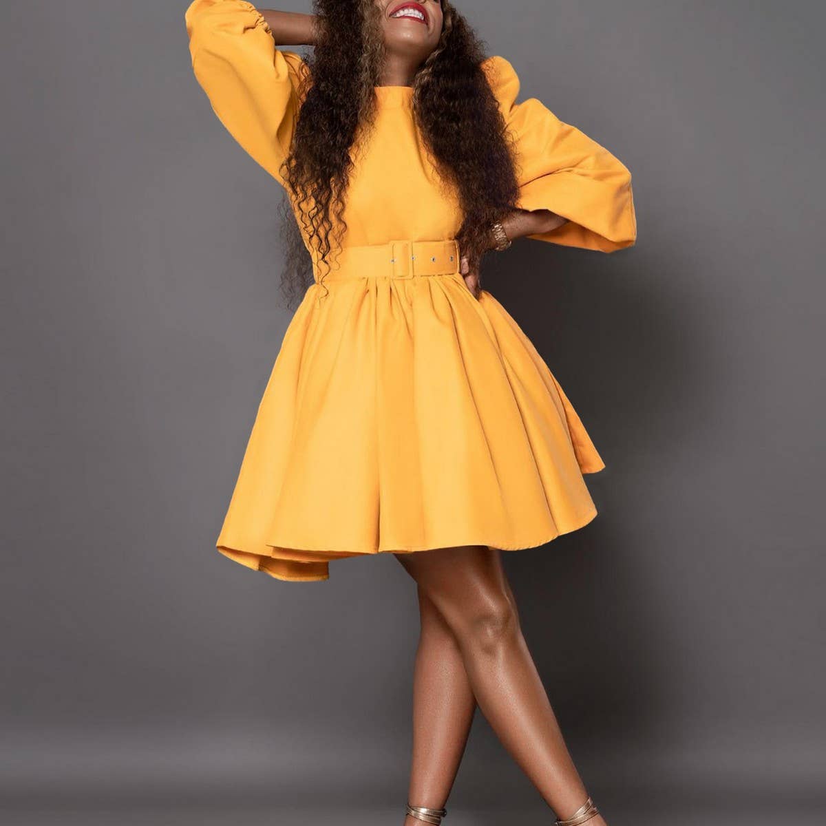 FASHIONABLE AND ELEGANT PUFF SLEEVE WAISTED DRESS_CWDSD6144