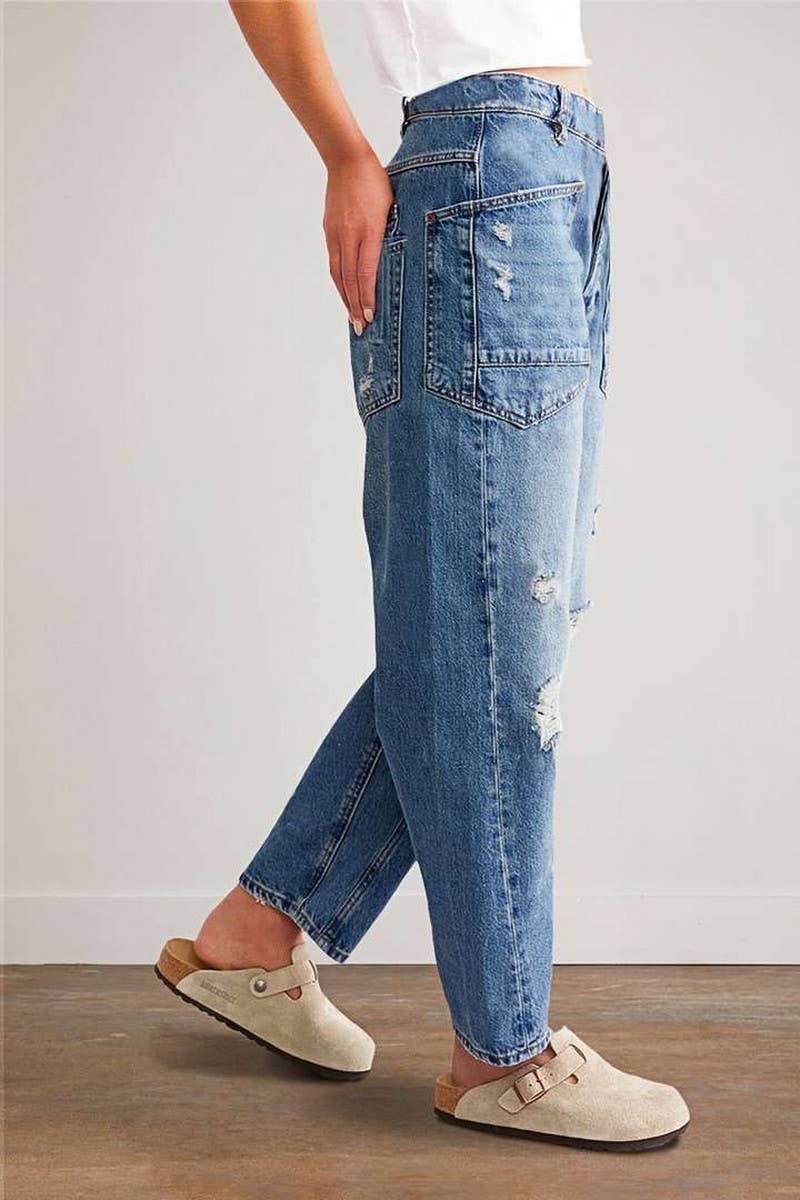CWJP0591_VINTAGE RIPPED PATCHWORK STRAIGHT LEG DENIM PANTS