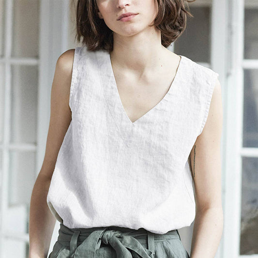 SOLID COLOR COTTON LINEN HOME SLIMMING BLOUSE