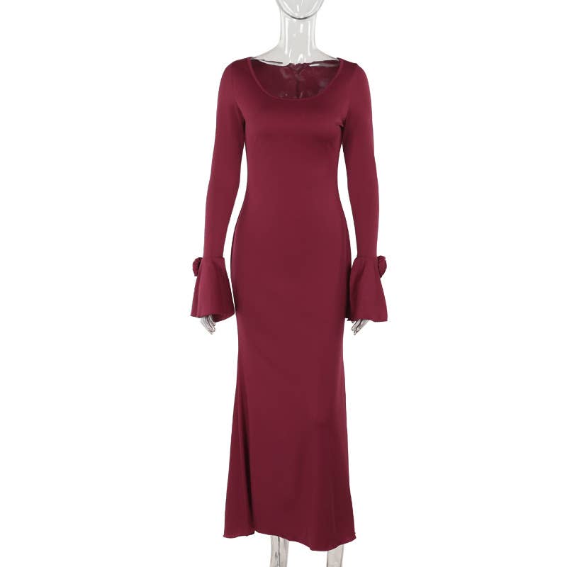 ELEGANT CREW-NECK ROSE LONG-SLEEVED DRESS