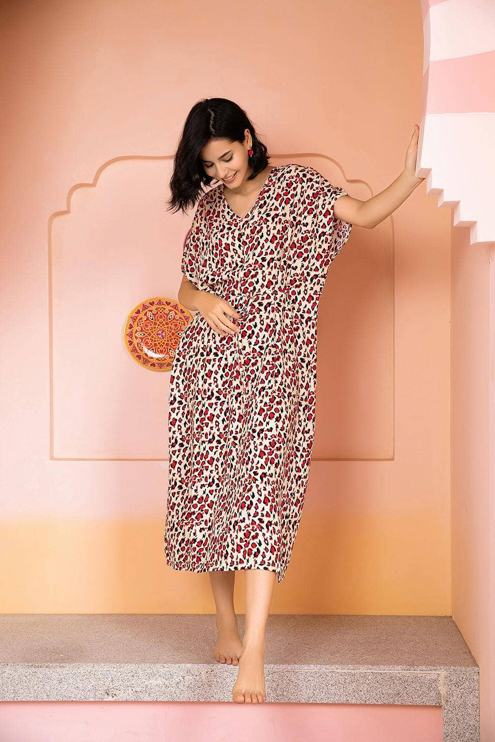 RAYON COTTON LONG FLORAL V-NECK NIGHTDRESS