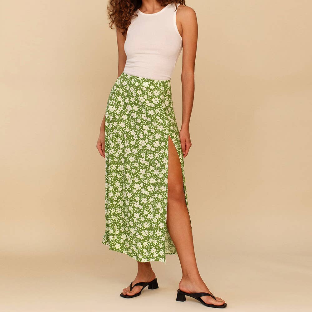 Floral High Waist Slit Midi A-Line Skirt