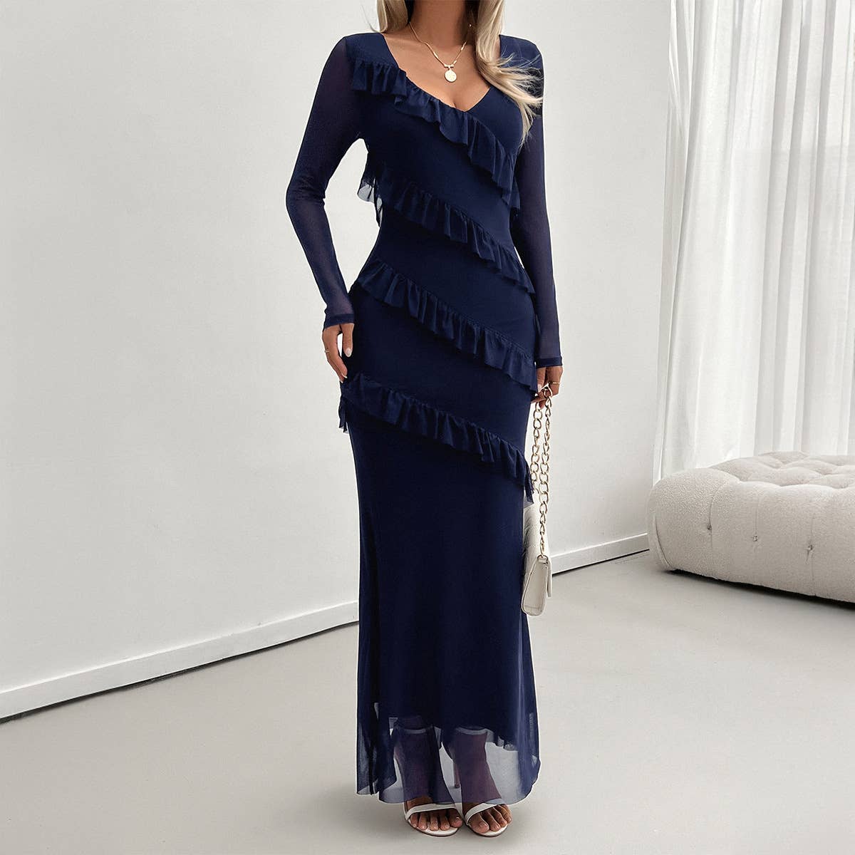 LONG SLEEVE TEMPERAMENT SLIM MESH V-NECK DRESS