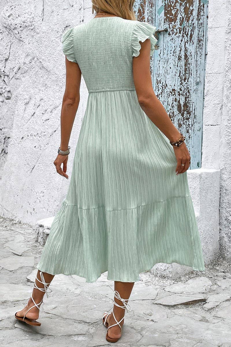 CWDMD5319_V-NECK TEXTURED LIGHT GREEN SPLIT HEM DRESS
