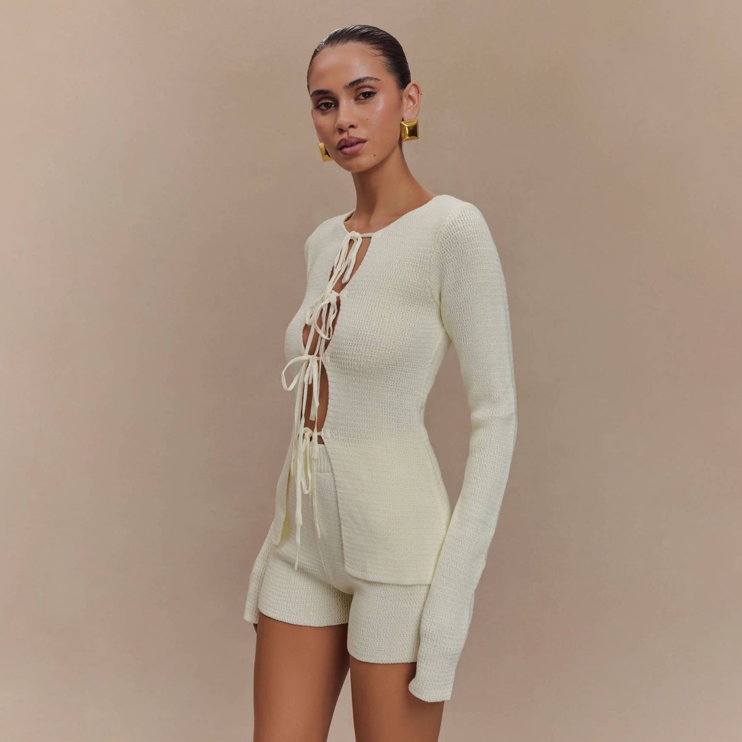 Sexy style lace-up and cut-out knitted suit