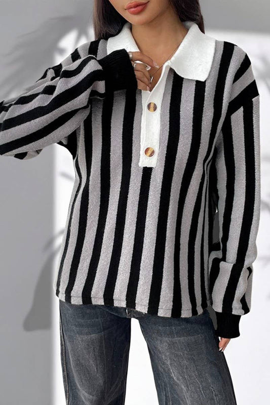 CWOSWL07129_VERTICAL STRIPED LAPEL KNITTED PULLOVER SWEATER