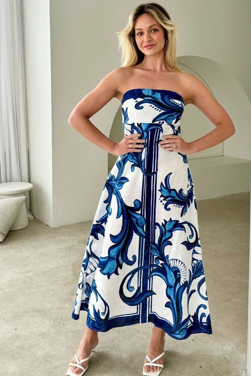 CWDMD5536_SUMMER PRINTED FIT STRAPLESS TUBE DRESS