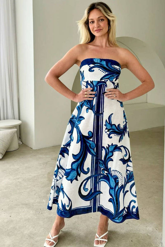 CWDMD5536_SUMMER PRINTED FIT STRAPLESS TUBE DRESS