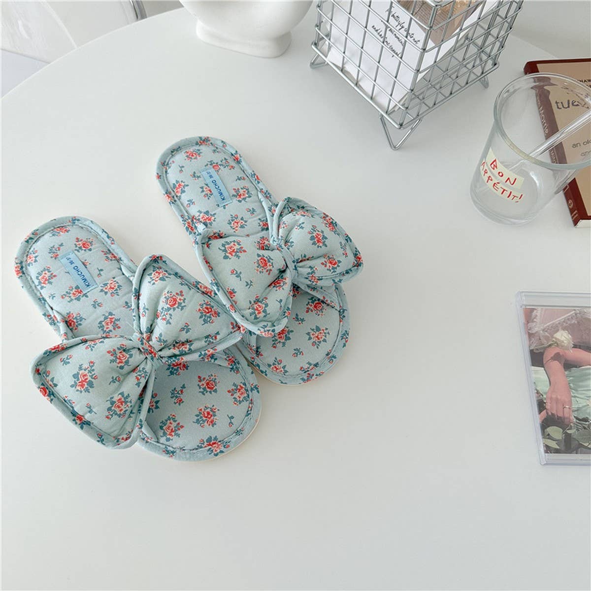 LIGHT BLUE FLORAL BOW-KNOT THICK-SOLED HOME SHOES