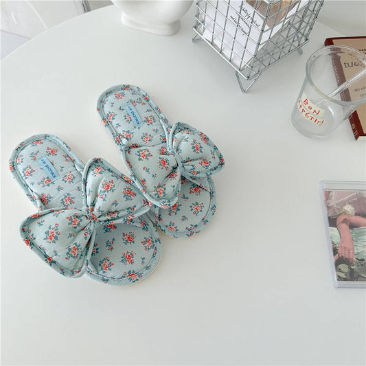 LIGHT BLUE FLORAL BOW-KNOT THICK-SOLED HOME SHOES