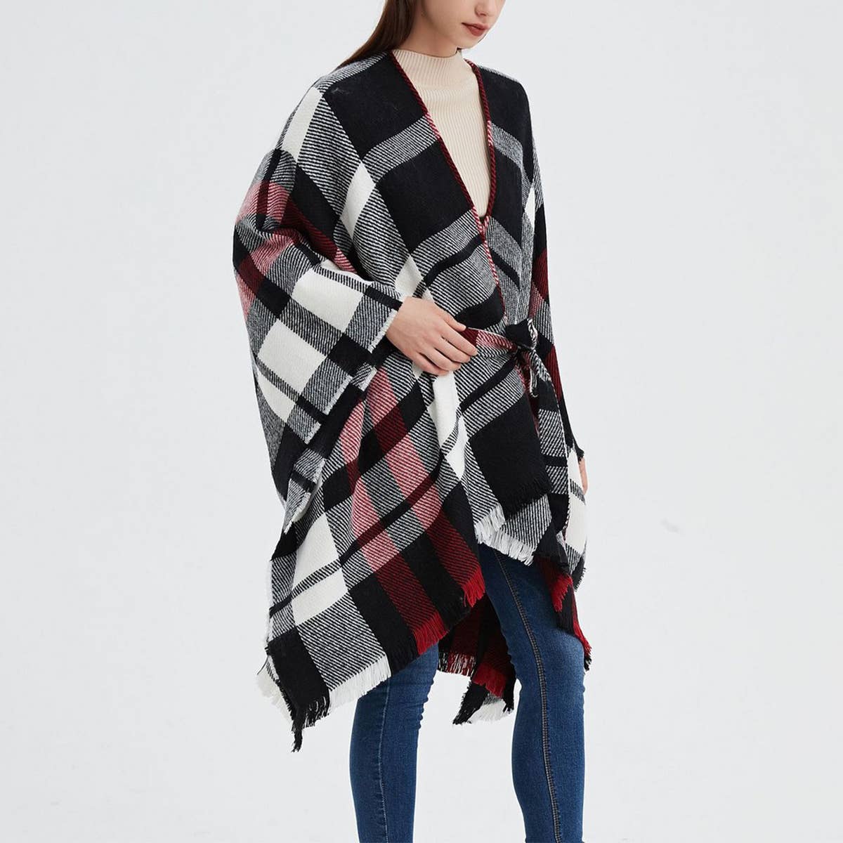 GEOMETRIC BLACK AND RED SHAWL WITH SPLIT HOOD