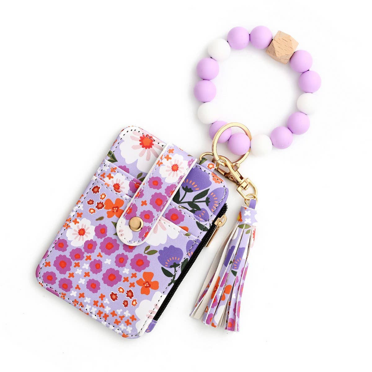 Floral Print PU Wallet with Silicone Bead Keychain_CWAB4930