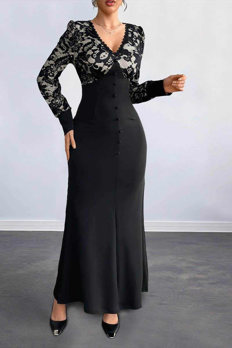 CWDMD6286_SEXY VINTAGE V-NECK LACE TRIM LONG SLEEVE DRESS