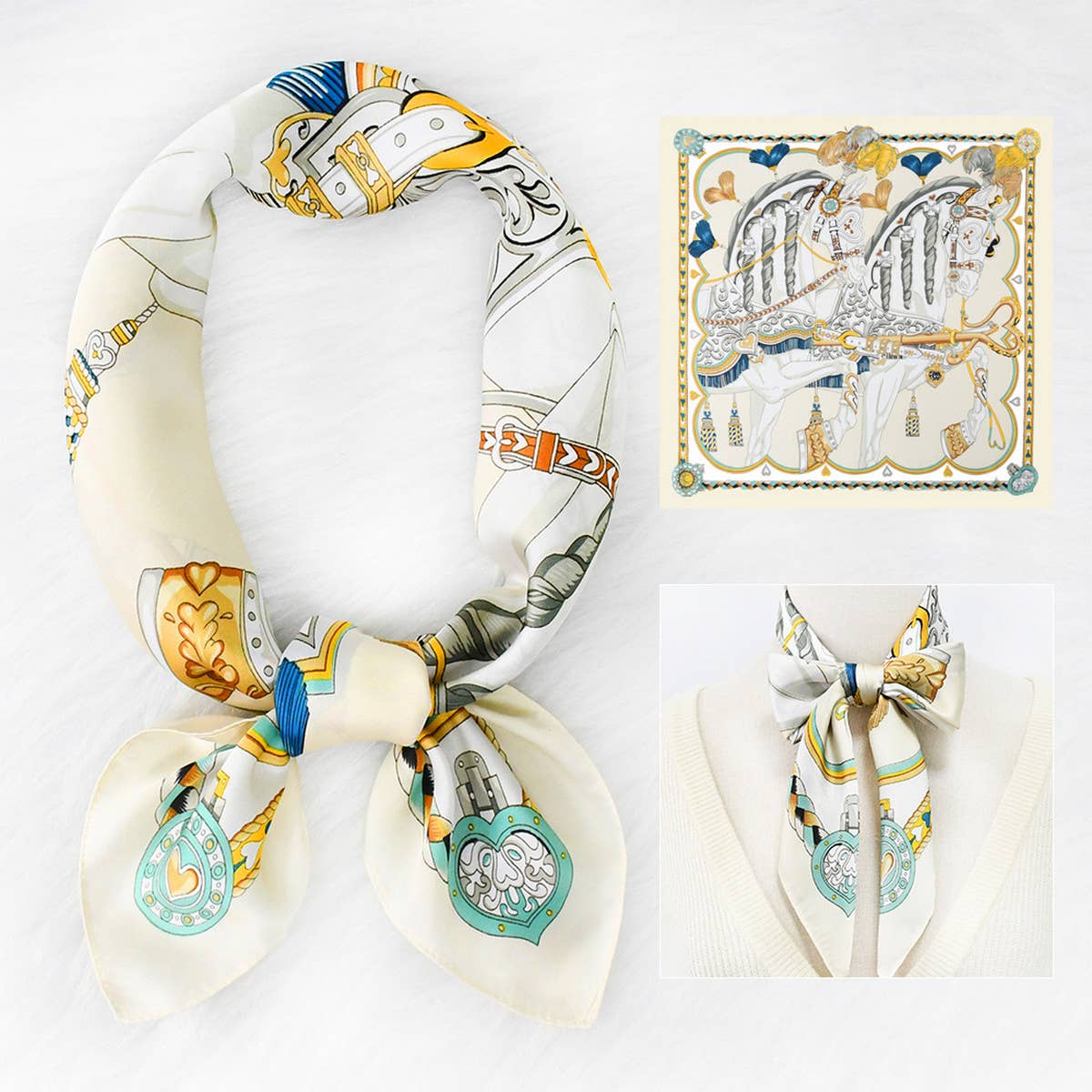 70cm Vintage Horse Print Satin Square Scarf_CWASC1151