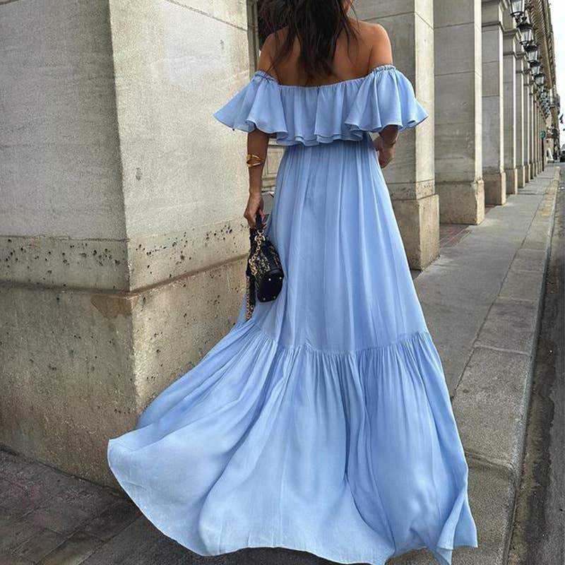 SOLID COLOR ONE-LINE SHOULDER-TOP LONG DRESS