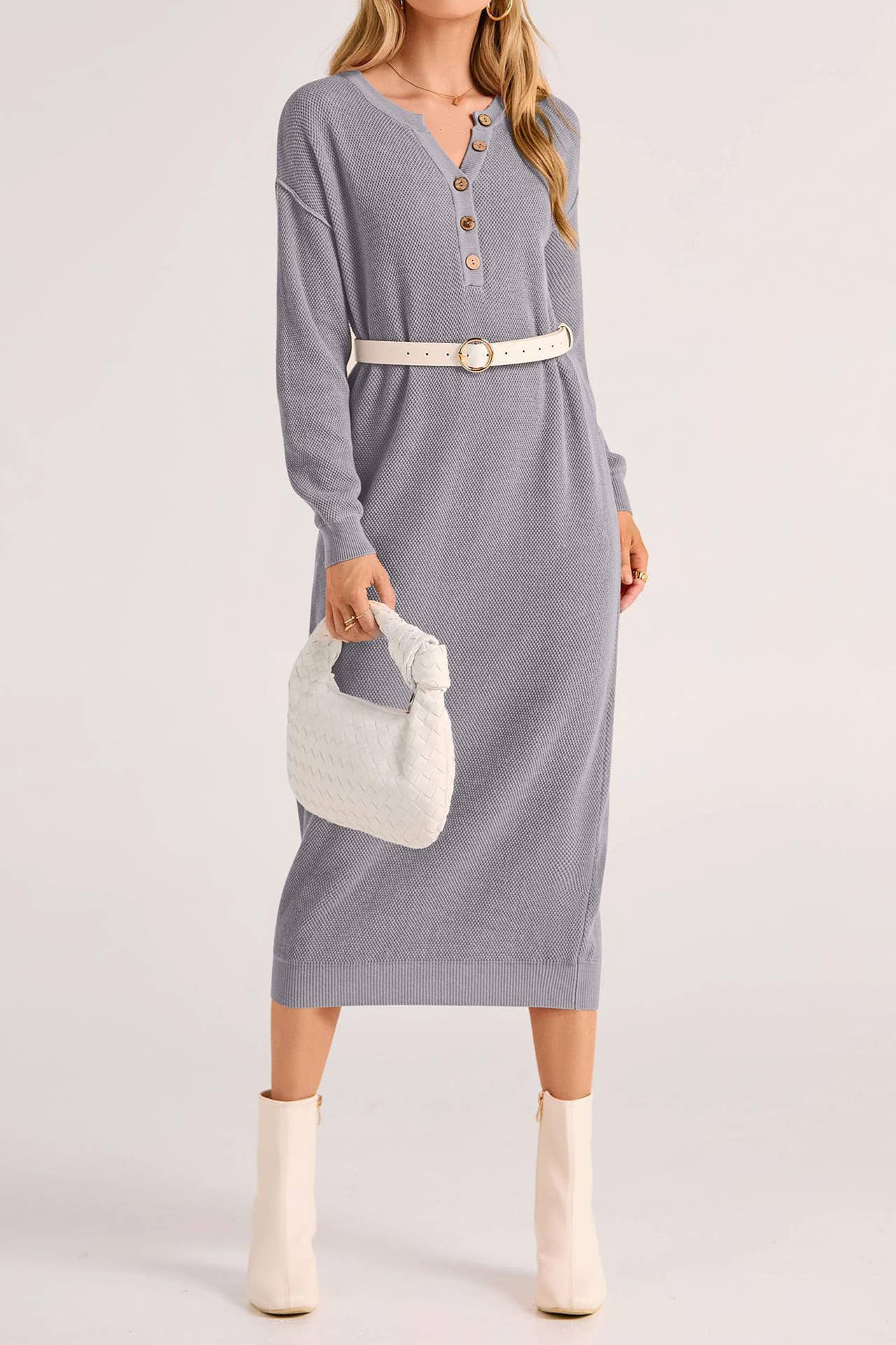 LONG-SLEEVED BUTTON-DOWN V-NECK SWEATER DRESS