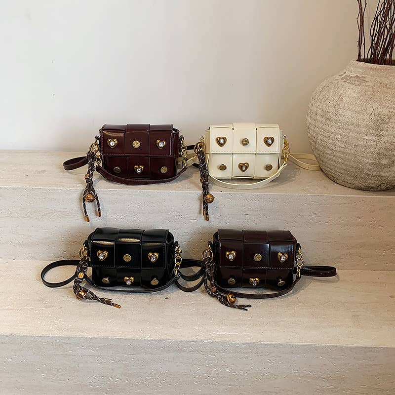 Fashionable spliced crossbody riveted square bag