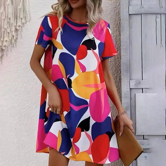 Holiday print crew neck short-sleeved dress