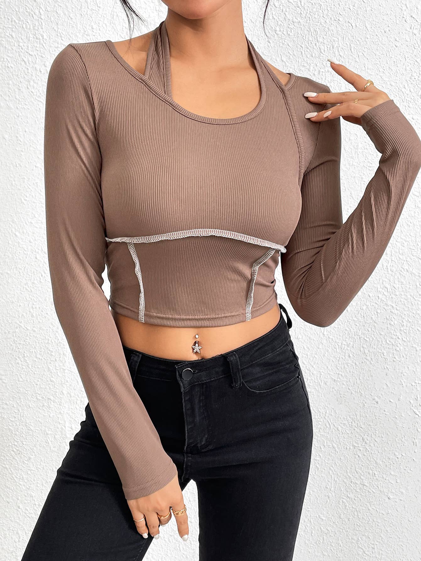 SLIM KNIT LONG-SLEEVED HALTER T-SHIRT