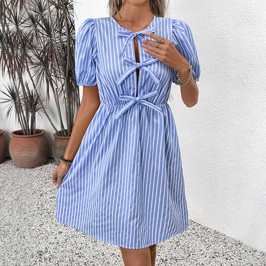 Vintage striped crew neck with bow lace-up dress